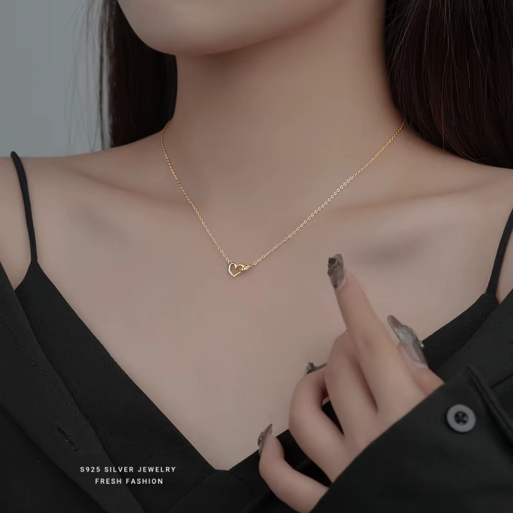 Linked Heart Necklace with Crystals, 18k Gold S925 - 45 cm